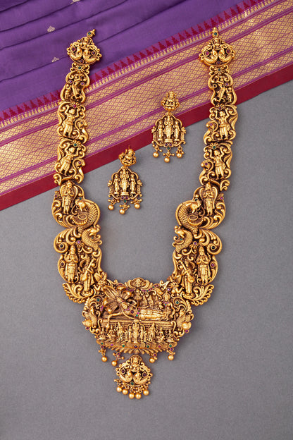 Long Temple Necklace Carved with Indian Gods & Goddesses  Antique Gold Polish  22-Inch Adjustable Thread