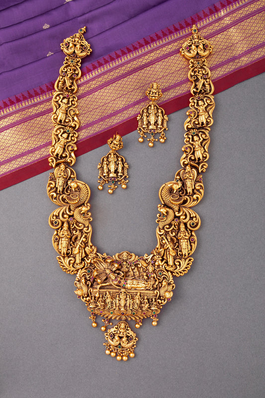 Long Temple Necklace Carved with Indian Gods & Goddesses  Antique Gold Polish  22-Inch Adjustable Thread