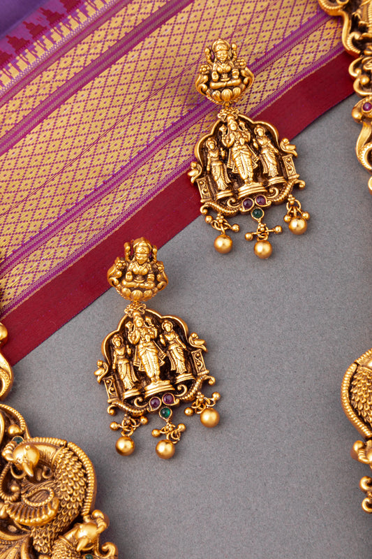 Long Temple Necklace Carved with Indian Gods & Goddesses  Antique Gold Polish  22-Inch Adjustable Thread