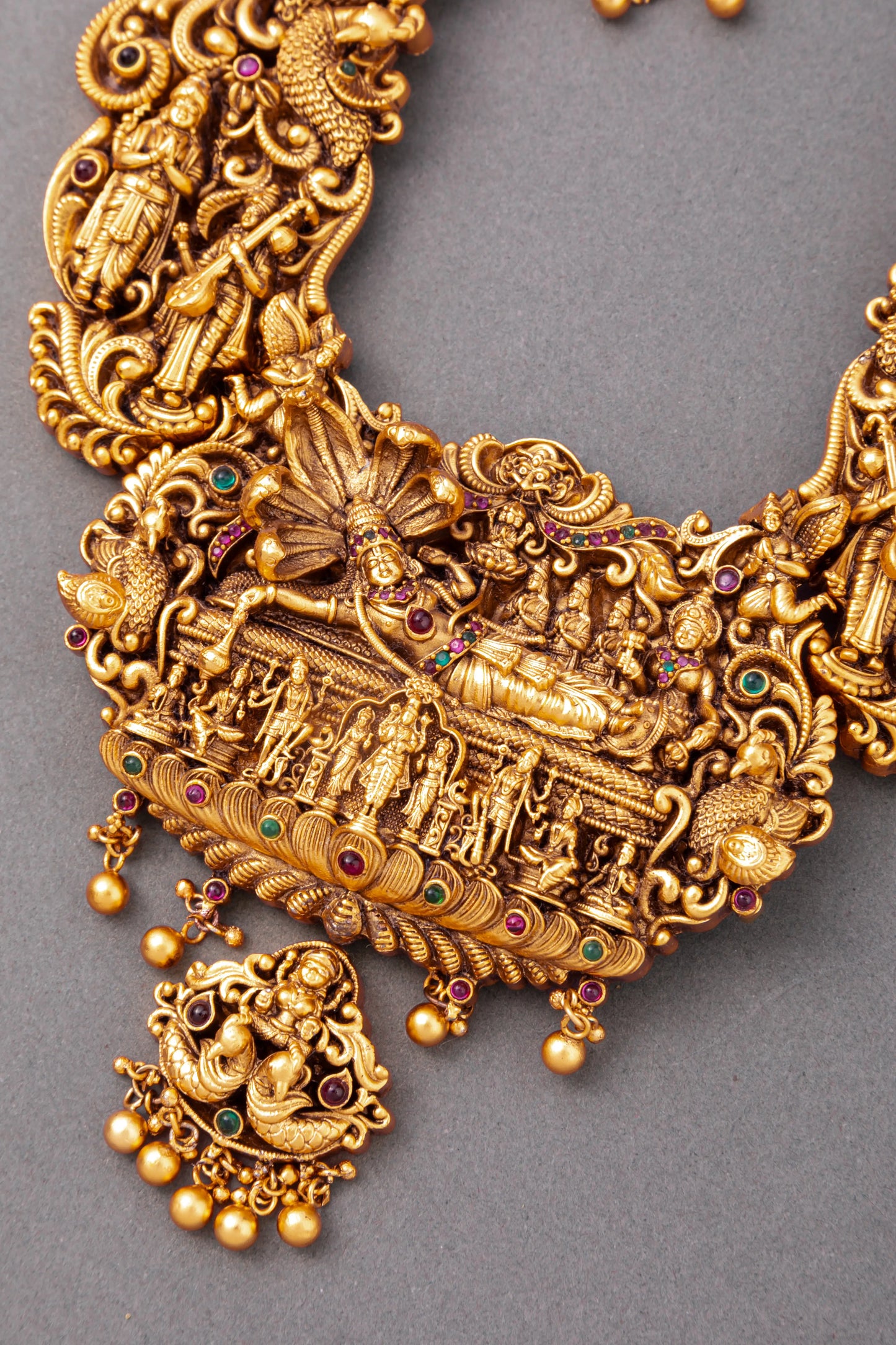 Long Temple Necklace Carved with Indian Gods & Goddesses  Antique Gold Polish  22-Inch Adjustable Thread