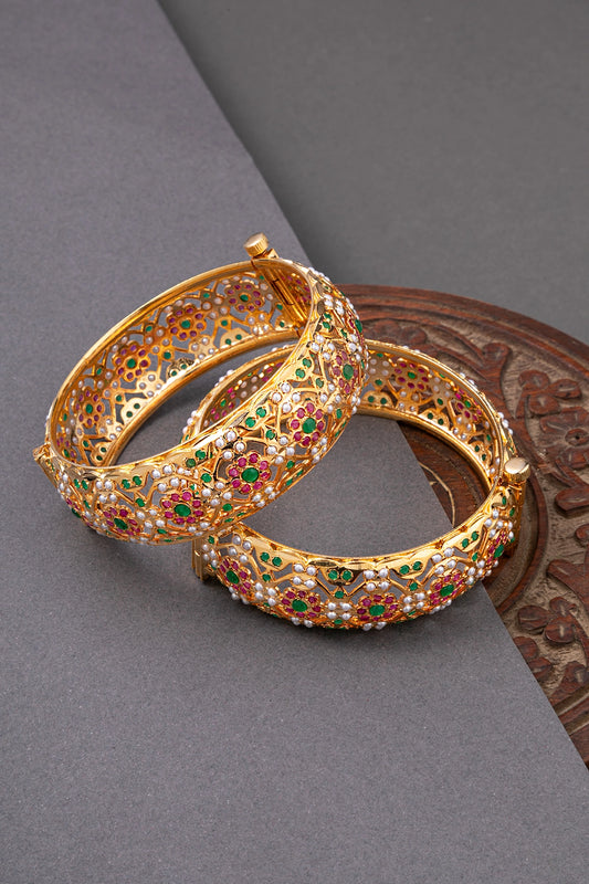 Amritsari Broad Kadas with Multicoloured Stones Gold Polish Openable Sizes 2.6/2.8