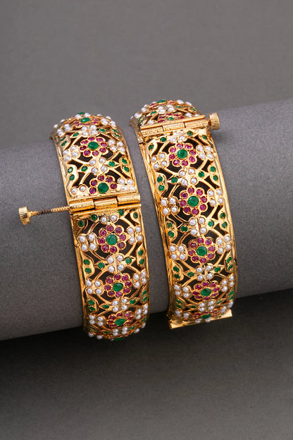 Amritsari Broad Kadas with Multicoloured Stones  Gold Polish  Openable  Sizes 2.6/2.8
