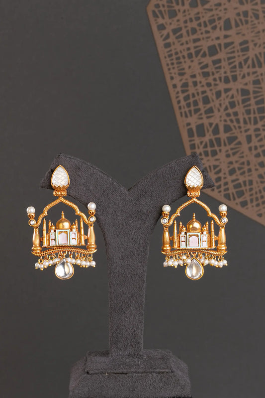 Vintage Gold Finish Taj Mahal Pendant  Pastel Pink & Green Enamel Work  24-Inch Adjustable Loops