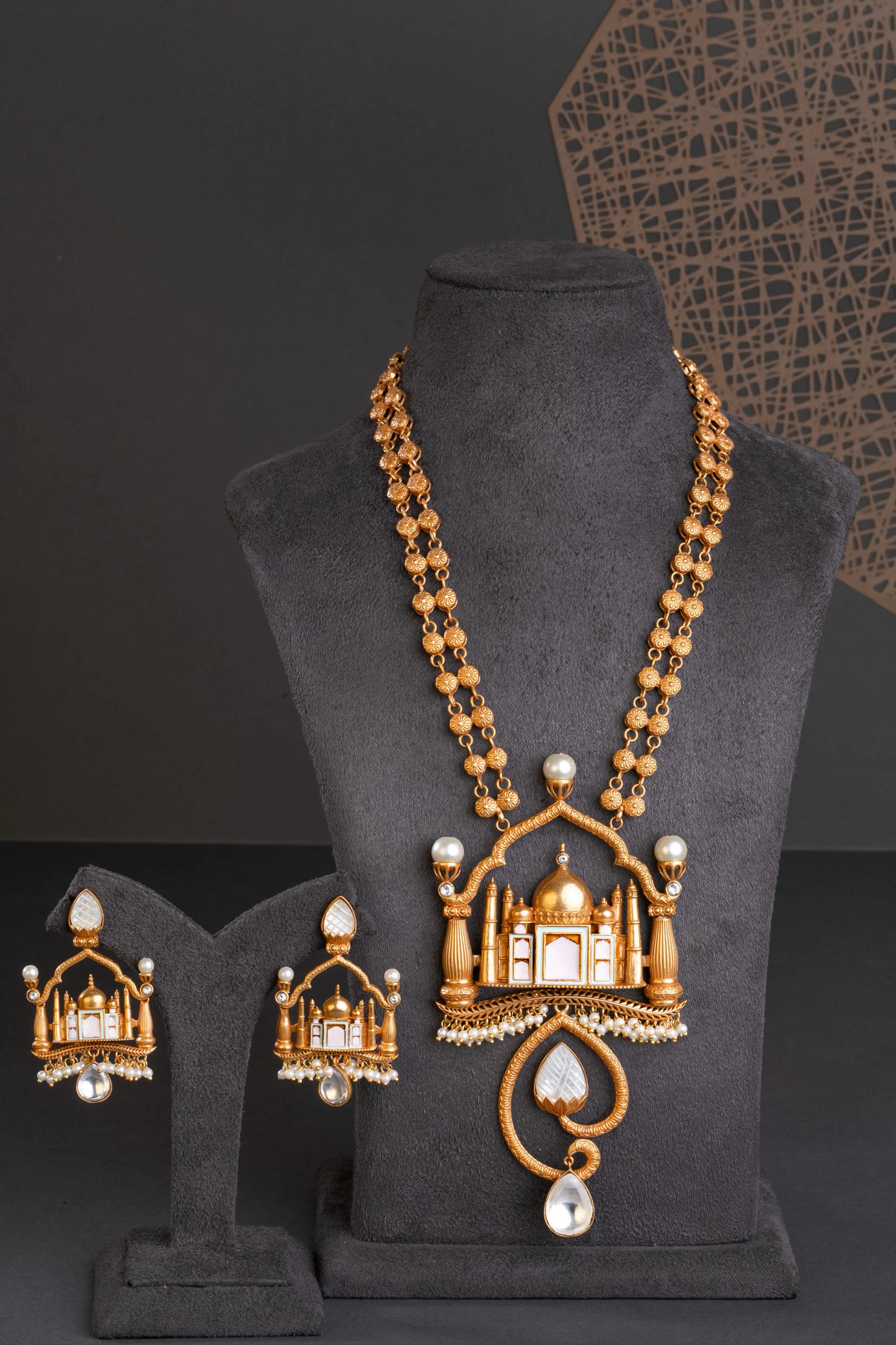 Vintage Gold Finish Taj Mahal Pendant  Pastel Pink & Green Enamel Work  24-Inch Adjustable Loops