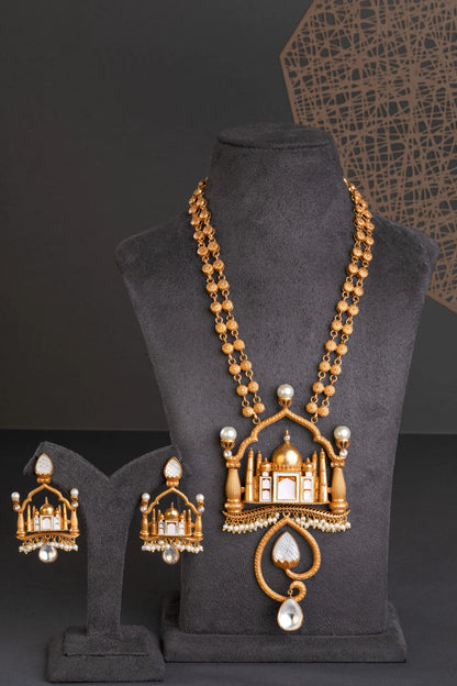 Vintage Gold Finish Taj Mahal Pendant  Pastel Pink & Green Enamel Work  24-Inch Adjustable Loops