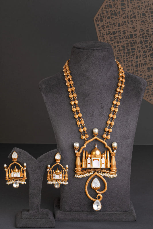 Vintage Gold Finish Taj Mahal Pendant  Pastel Pink & Green Enamel Work  24-Inch Adjustable Loops