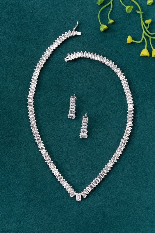 Baguette Diamond Neckpiece  White Rhodium Polish  16-Inch Clasp Locking  Elegant Jewellery