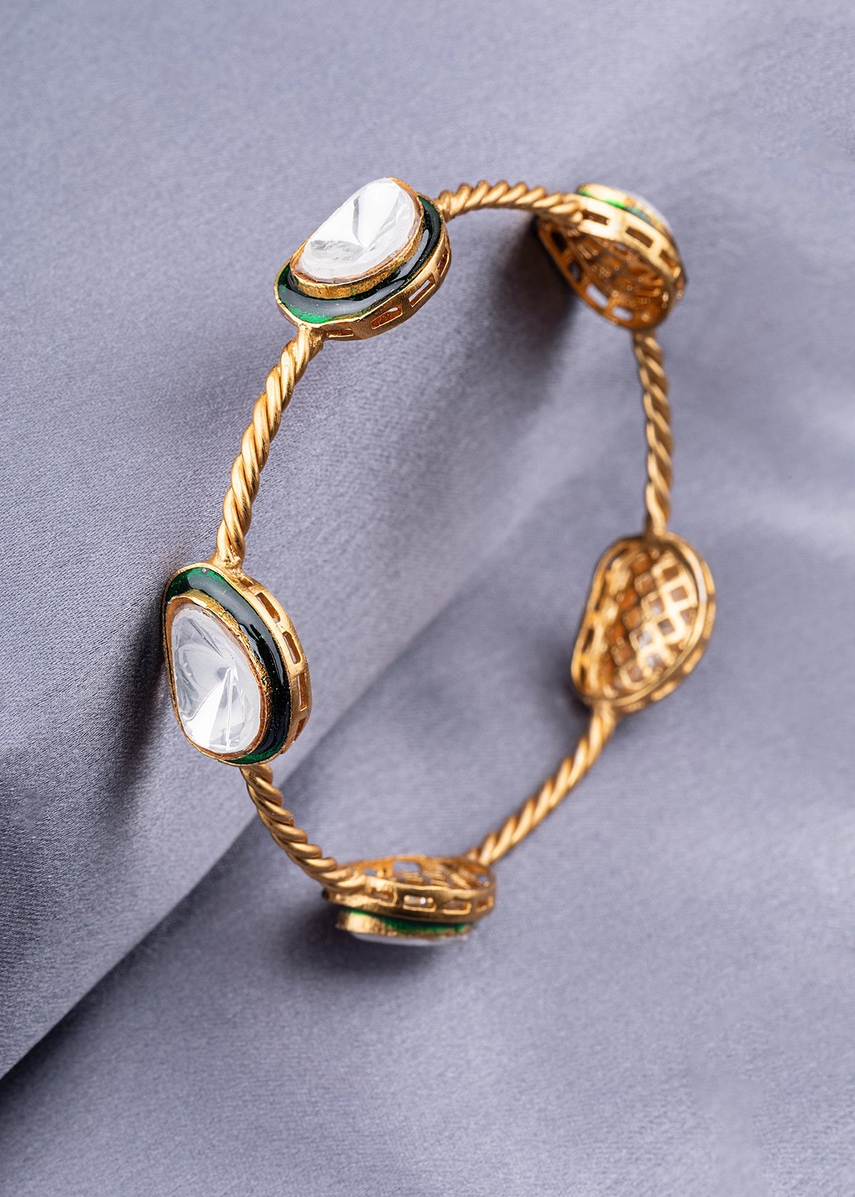 Contemporary Unshaped Kundan Bangle with Green Enameled Border Matt Gold Finish Non-Openable Size 2.4