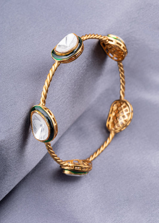 Contemporary Unshaped Kundan Bangle with Green Enameled Border Matt Gold Finish Non-Openable Size 2.4