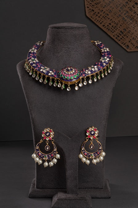 Traditional Rajasthani Meenakari Jadau Kundan Hasli Multi-Colored Stones Gold Polish Adjustable Thread