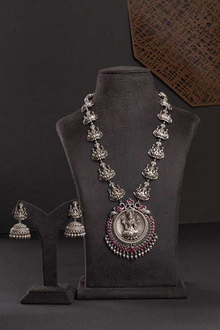 Oxidised Silver Laxmi Temple Necklace with Jhumkis 24-Inch Adjustable Thread Maroon Accents