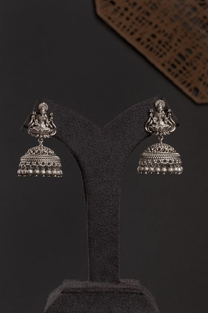 Oxidised Silver Laxmi Temple Necklace with Jhumkis  24-Inch Adjustable Thread  Maroon Accents