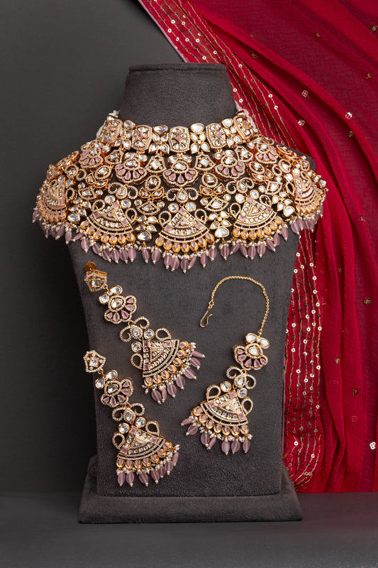 Polki Diamond Kundan Bridal Necklace Set  Gold Polish  Earrings & Tikka  Pastel Pink Traditional Jewellery