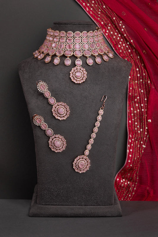 Bridal Necklace in American Diamonds & Pastel Pink Stone  Rose Gold Polish  Tikka & Earrings Set
