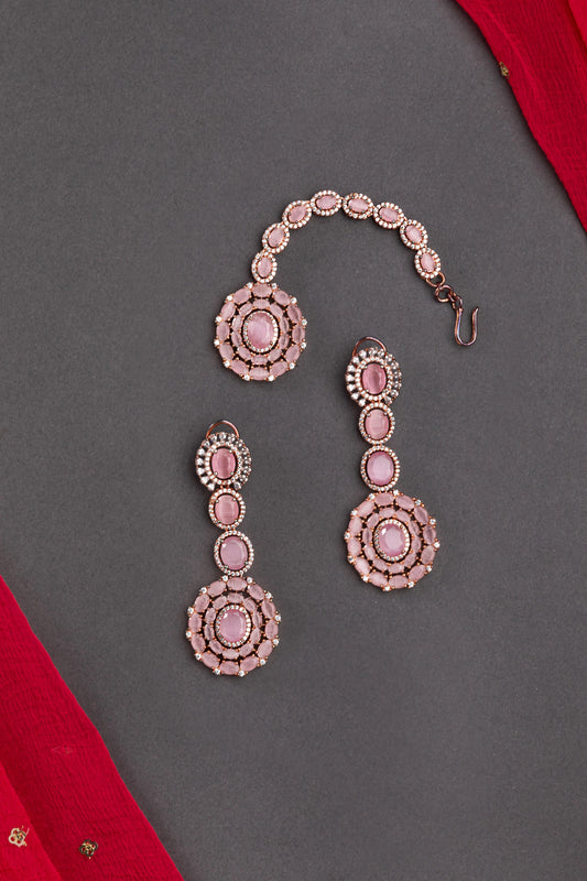 Bridal Necklace in American Diamonds & Pastel Pink Stone  Rose Gold Polish  Tikka & Earrings Set