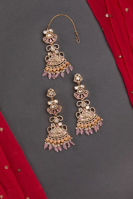 Polki Diamond Kundan Bridal Necklace Set  Gold Polish  Earrings & Tikka  Pastel Pink Traditional Jewellery