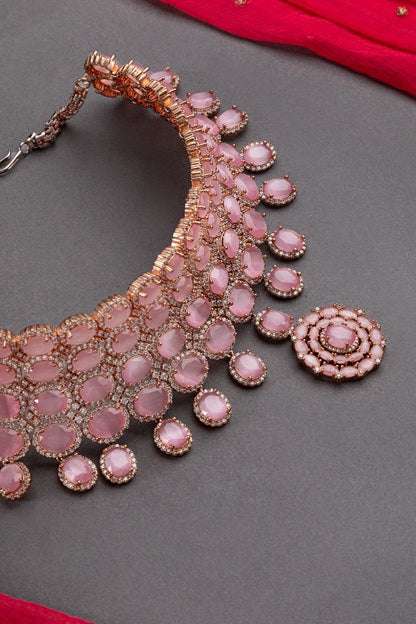 Bridal Necklace in American Diamonds & Pastel Pink Stone  Rose Gold Polish  Tikka & Earrings Set