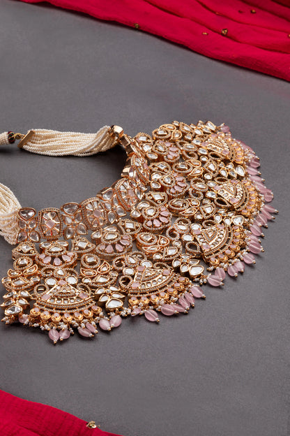 Polki Diamond Kundan Bridal Necklace Set  Gold Polish  Earrings & Tikka  Pastel Pink Traditional Jewellery