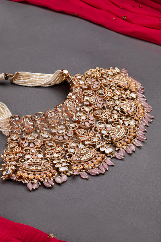 Polki Diamond Kundan Bridal Necklace Set  Gold Polish  Earrings & Tikka  Pastel Pink Traditional Jewellery