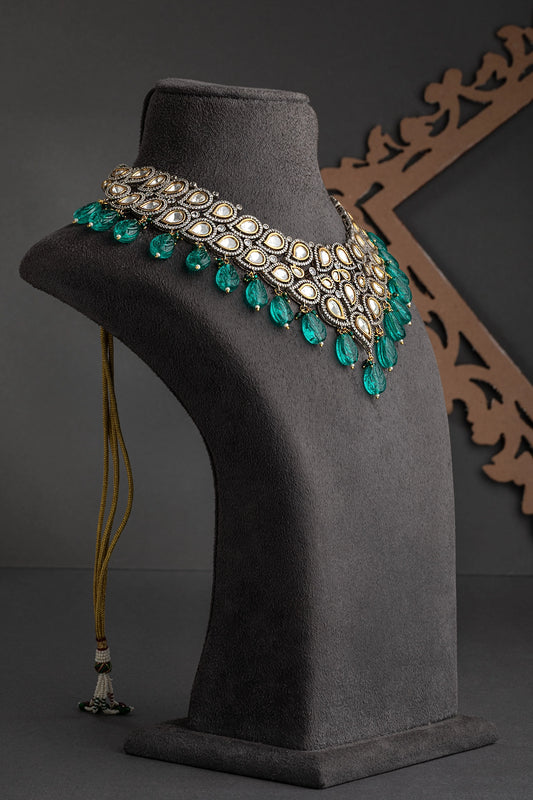 Kundan Diamond Necklace 16" – Sea Green | Sai Jewellery