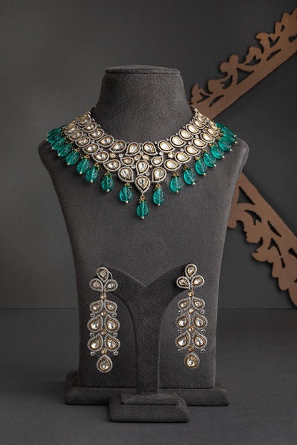 Indo-Western Kundan and Diamond Necklace with Sea Green Drops  16-Inch Adjustable Jewellery  White Rhodium & Gold Polish