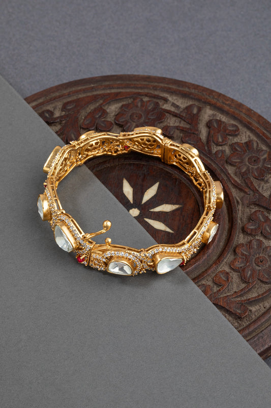 Unshaped Kundan Polki Dingle Kada with Cubic Zirconia Border Matt Gold Finish Openable Sizes 2.4 & 2.6