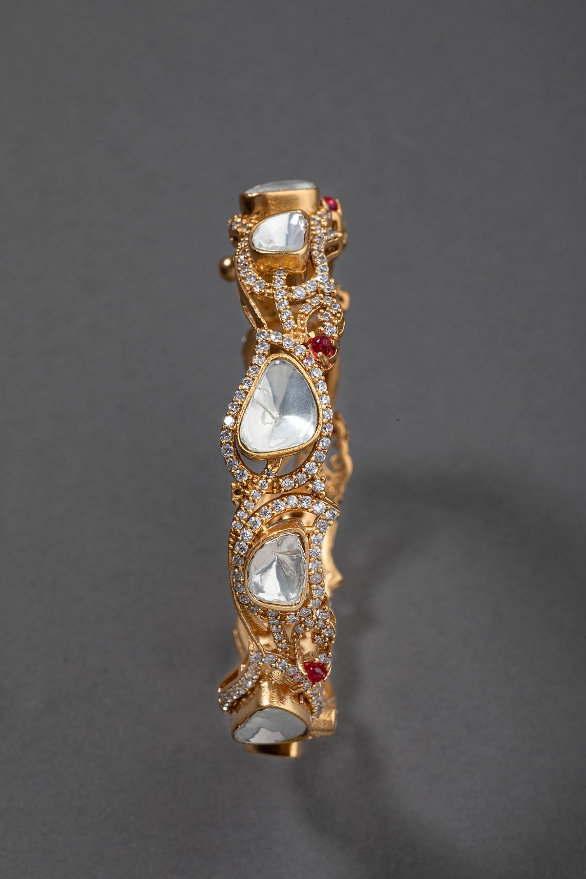 Unshaped Kundan Polki Dingle Kada with Cubic Zirconia Border  Matt Gold Finish  Openable  Sizes 2.4 & 2.6