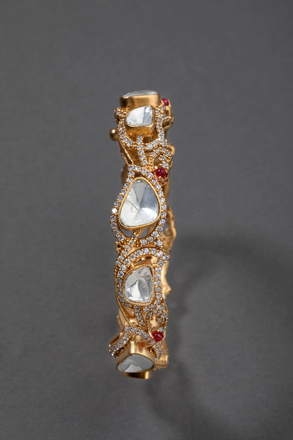 Unshaped Kundan Polki Dingle Kada with Cubic Zirconia Border  Matt Gold Finish  Openable  Sizes 2.4 & 2.6