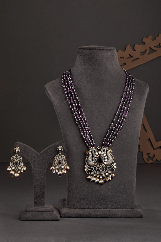 Victorian Kundan Pendant with Amethyst-Coloured Beads  18-Inch Adjustable Jewellery  Elegant Traditional Jewellery