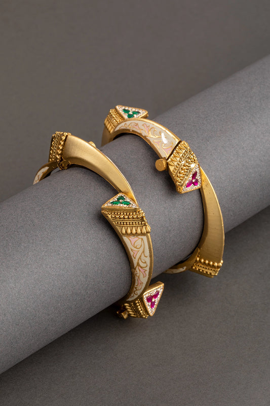 White & Pastel Pink Enameled Bangles  Matt Gold Finish  Openable  Size 2.6
