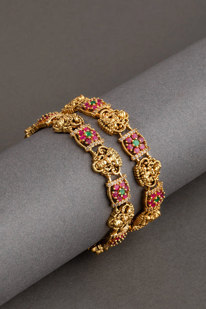 Laxmi Bangles Set (2 Pc) in Antique Gold Finish Non-Openable Sizes 2.4 & 2.8 Multi-Color