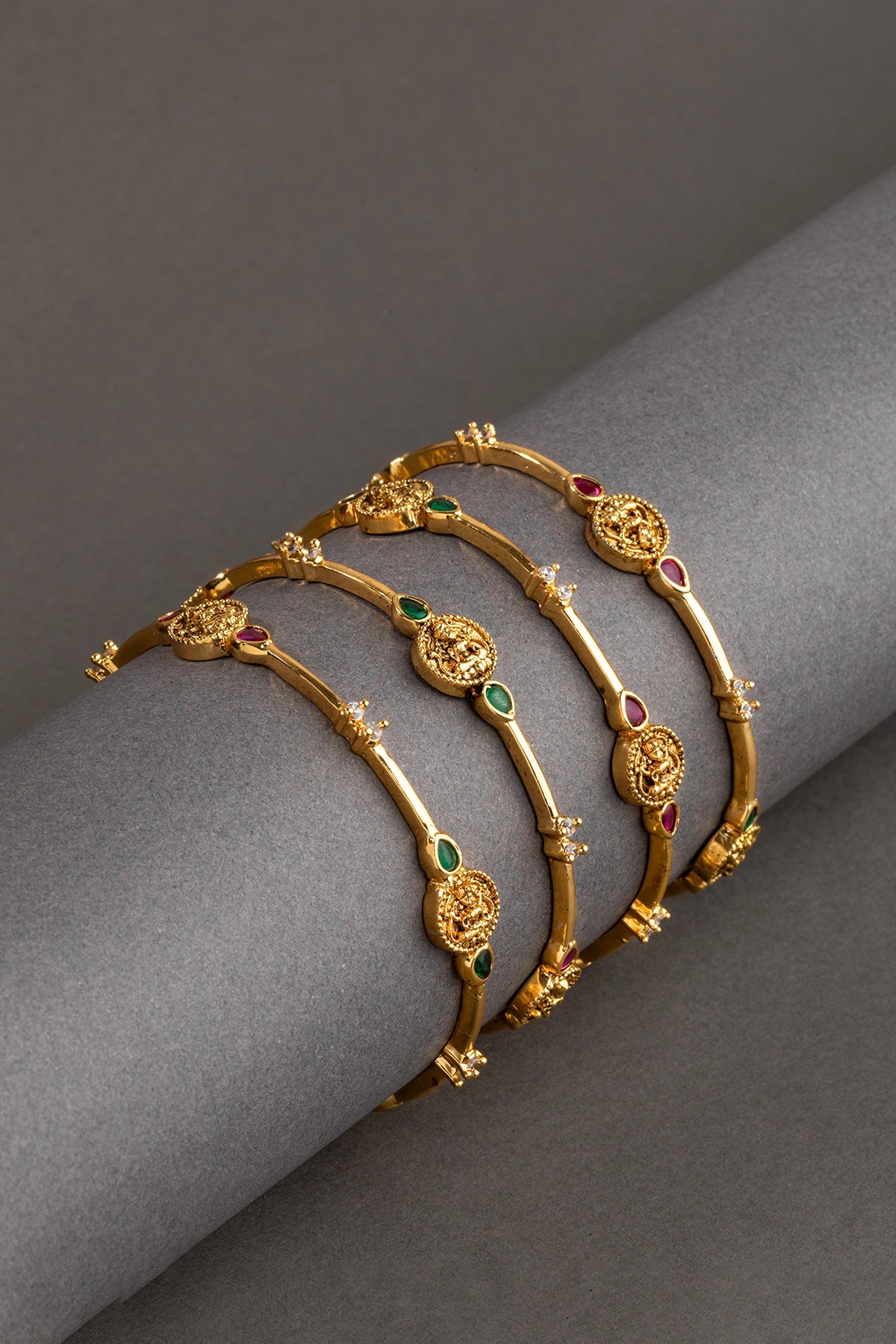 Laxmi Temple Gold Finish Bangles Set (4 Pc) Non-Openable Size 2.4 Multi-Color