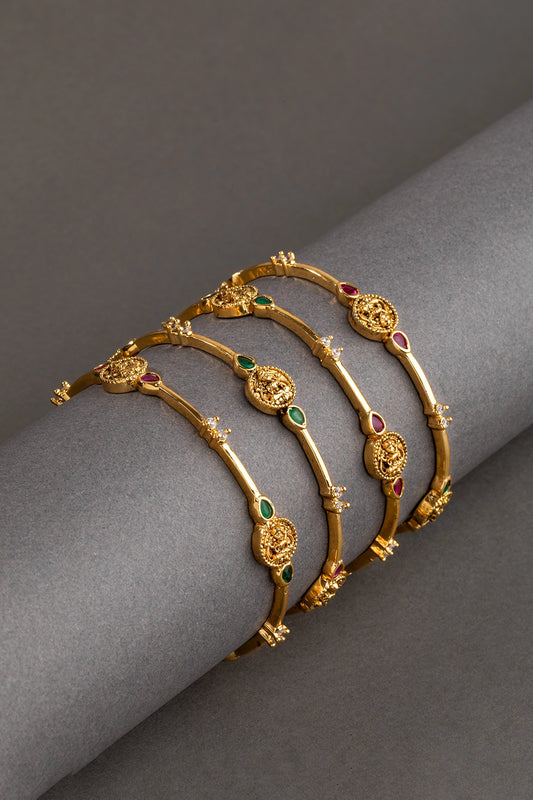 Laxmi Temple Gold Finish Bangles Set (4 Pc) Non-Openable Size 2.4 Multi-Color