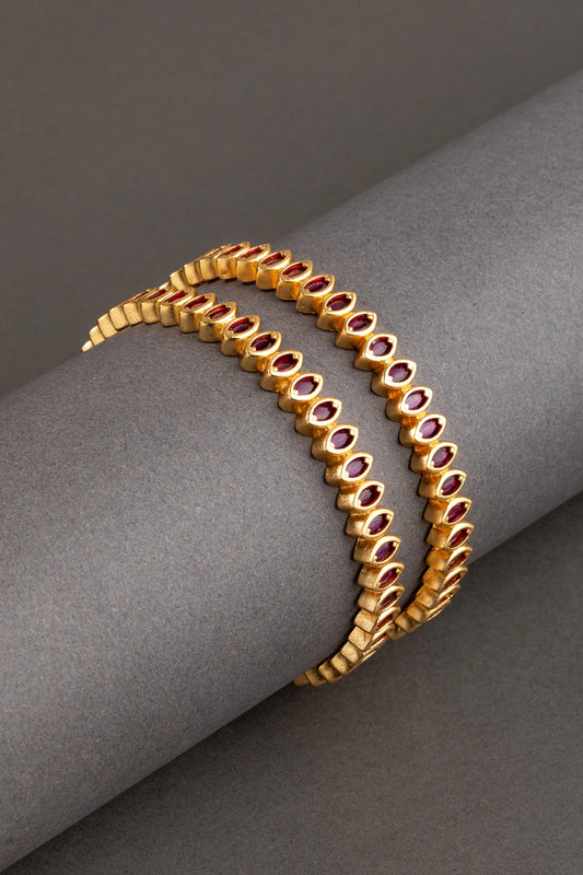 Temple Bangles with Maroon Stones Temple Gold Finish Non-Openable Size 2.4