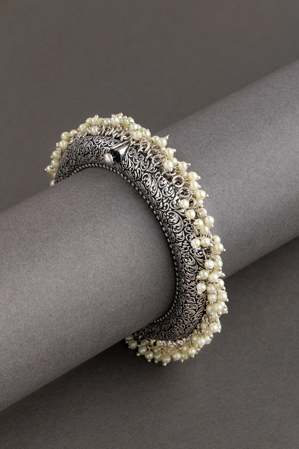 Silver Oxidized Pearl Gokru Kada Openable size 2.4
