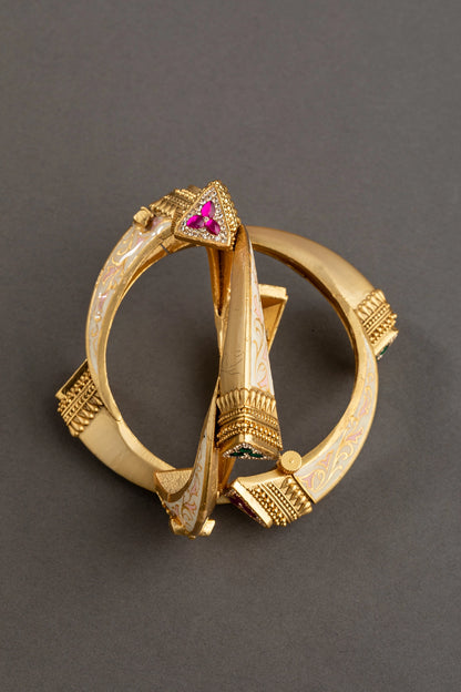 White & Pastel Pink Enameled Bangles  Matt Gold Finish  Openable  Size 2.6