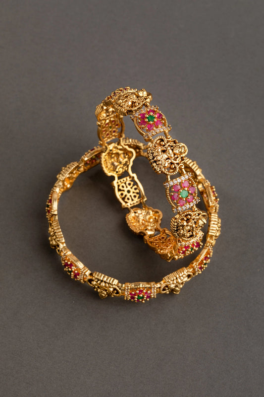 Laxmi Bangles Set (2 Pc) in Antique Gold Finish  Non-Openable  Sizes 2.4 & 2.8  Multi-Color