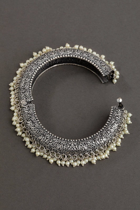 Silver Oxidized Pearl Gokru Kada Openable size  2.4
