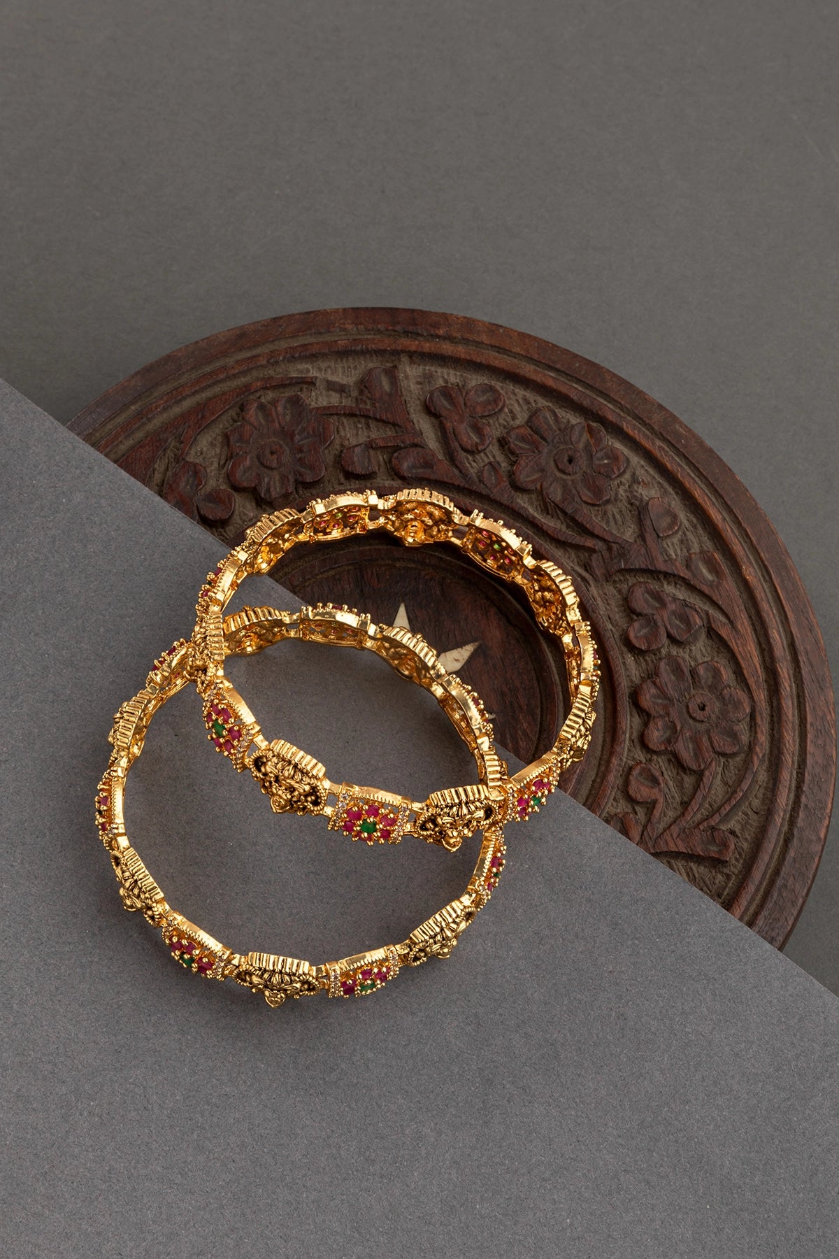 Laxmi Bangles Set (2 Pc) in Antique Gold Finish  Non-Openable  Sizes 2.4 & 2.8  Multi-Color