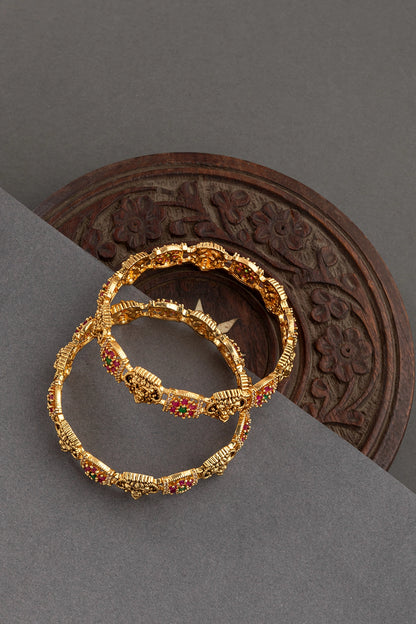 Laxmi Bangles Set (2 Pc) in Antique Gold Finish  Non-Openable  Sizes 2.4 & 2.8  Multi-Color