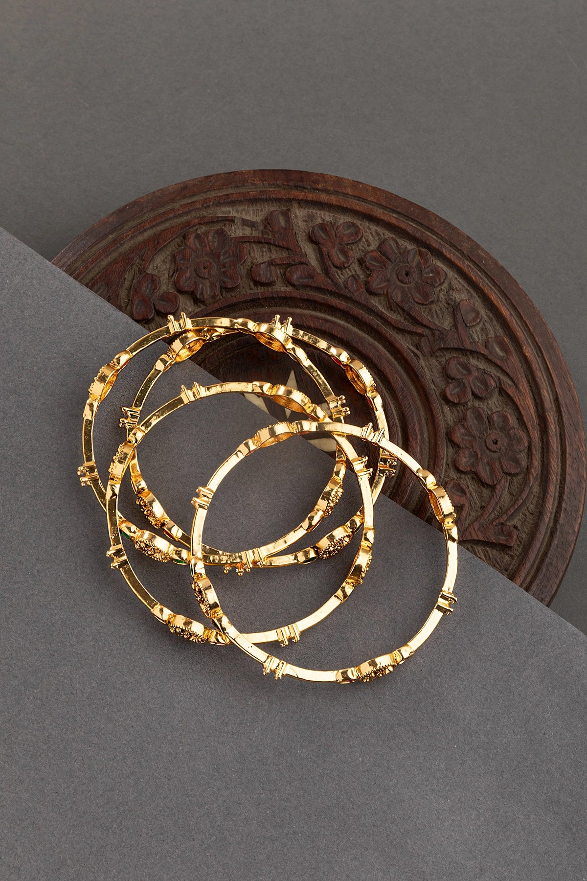 Laxmi Temple Gold Finish Bangles Set (4 Pc)  Non-Openable  Size 2.4  Multi-Color