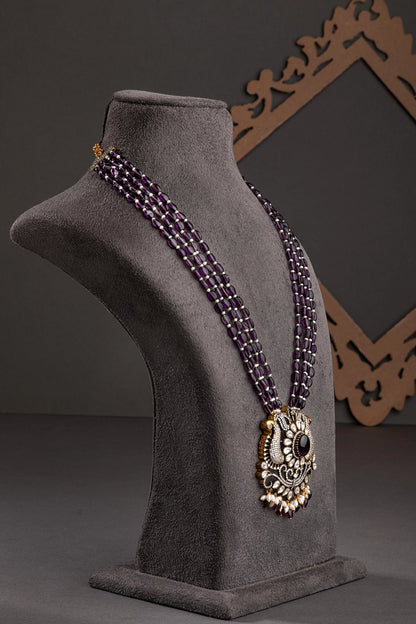 Victorian Kundan Pendant with Amethyst-Coloured Beads  18-Inch Adjustable Jewellery  Elegant Traditional Jewellery