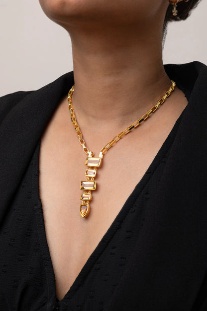 Brass Necklace with Yellow Stone  Gold Polish Finish  Adjustable  20 Inches