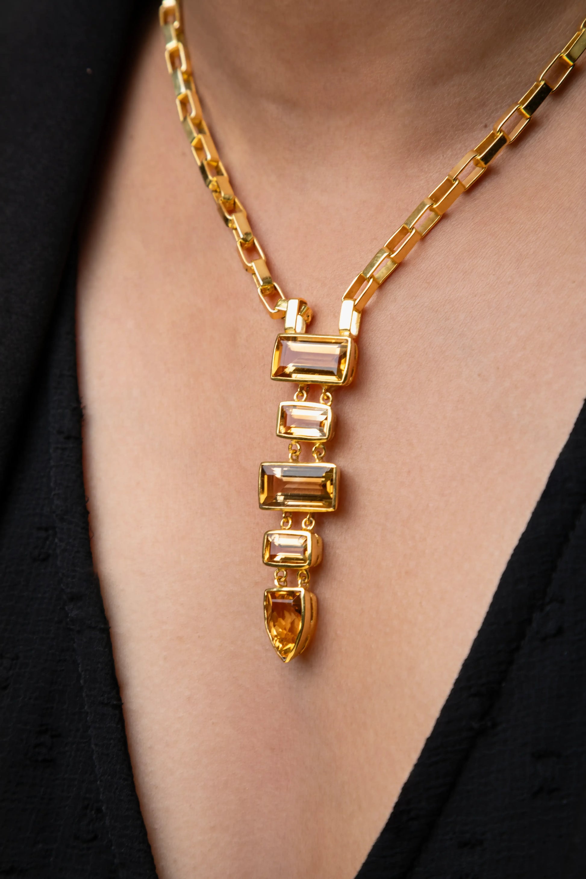 Brass Necklace with Yellow Stone Gold Polish Finish Adjustable 20 Inches