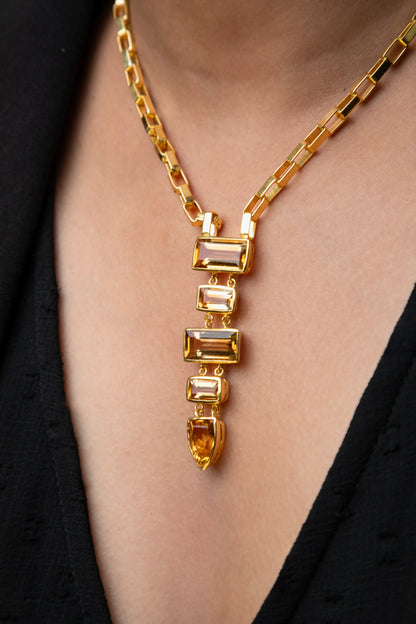 Brass Necklace with Yellow Stone Gold Polish Finish Adjustable 20 Inches
