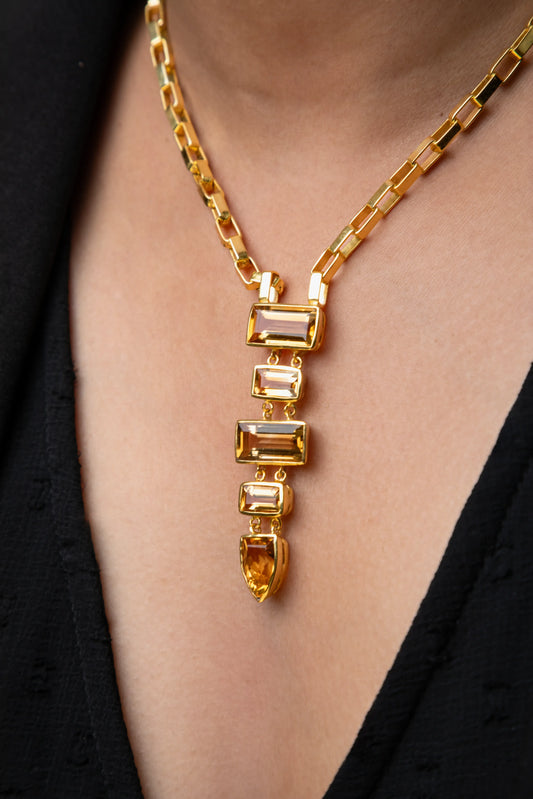 Brass Necklace with Yellow Stone Gold Polish Finish Adjustable 20 Inches