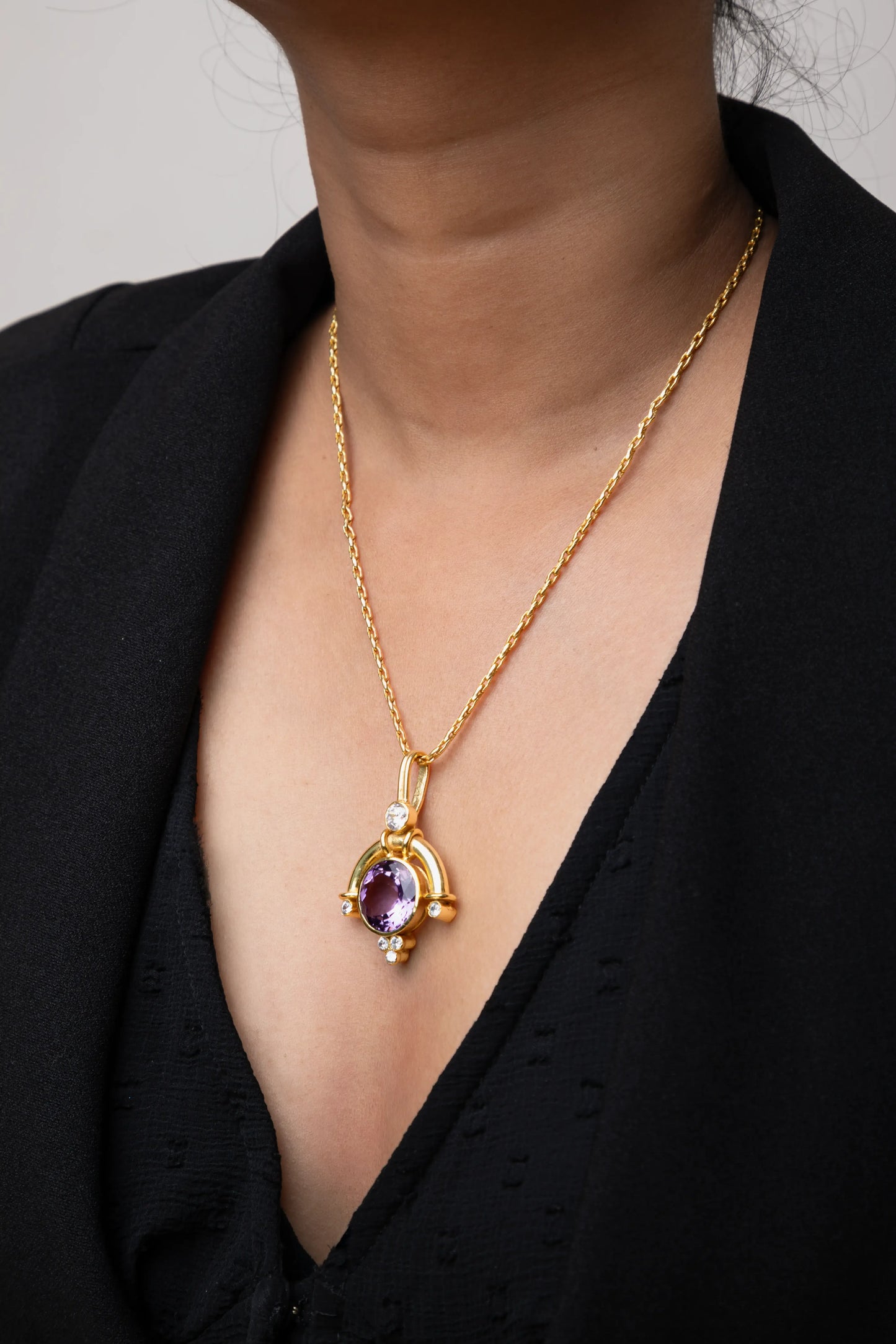 Brass Necklace with Amethyst Stone Gold Polish Finish Adjustable 18 Inches
