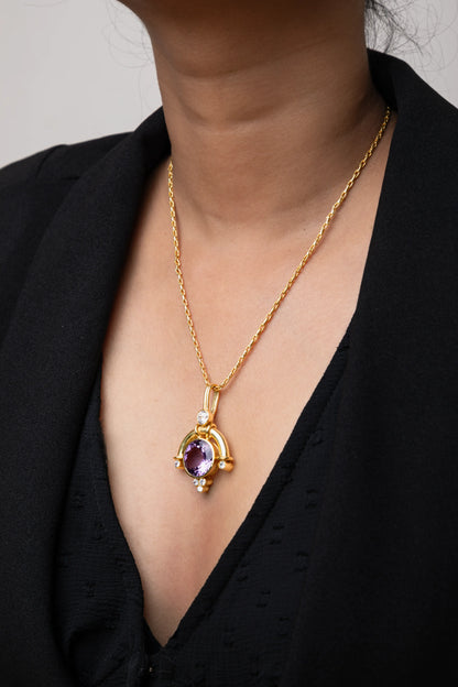 Brass Necklace with Amethyst Stone Gold Polish Finish Adjustable 18 Inches