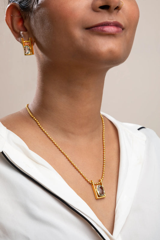 Brass Necklace with Aventurine Blue Stone Gold Polish Finish Adjustable 16 Inches