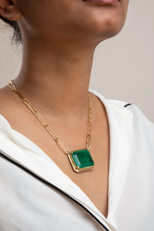 Brass Necklace with Green Doublet Stone Gold Polish Finish Adjustable 18 Inches
